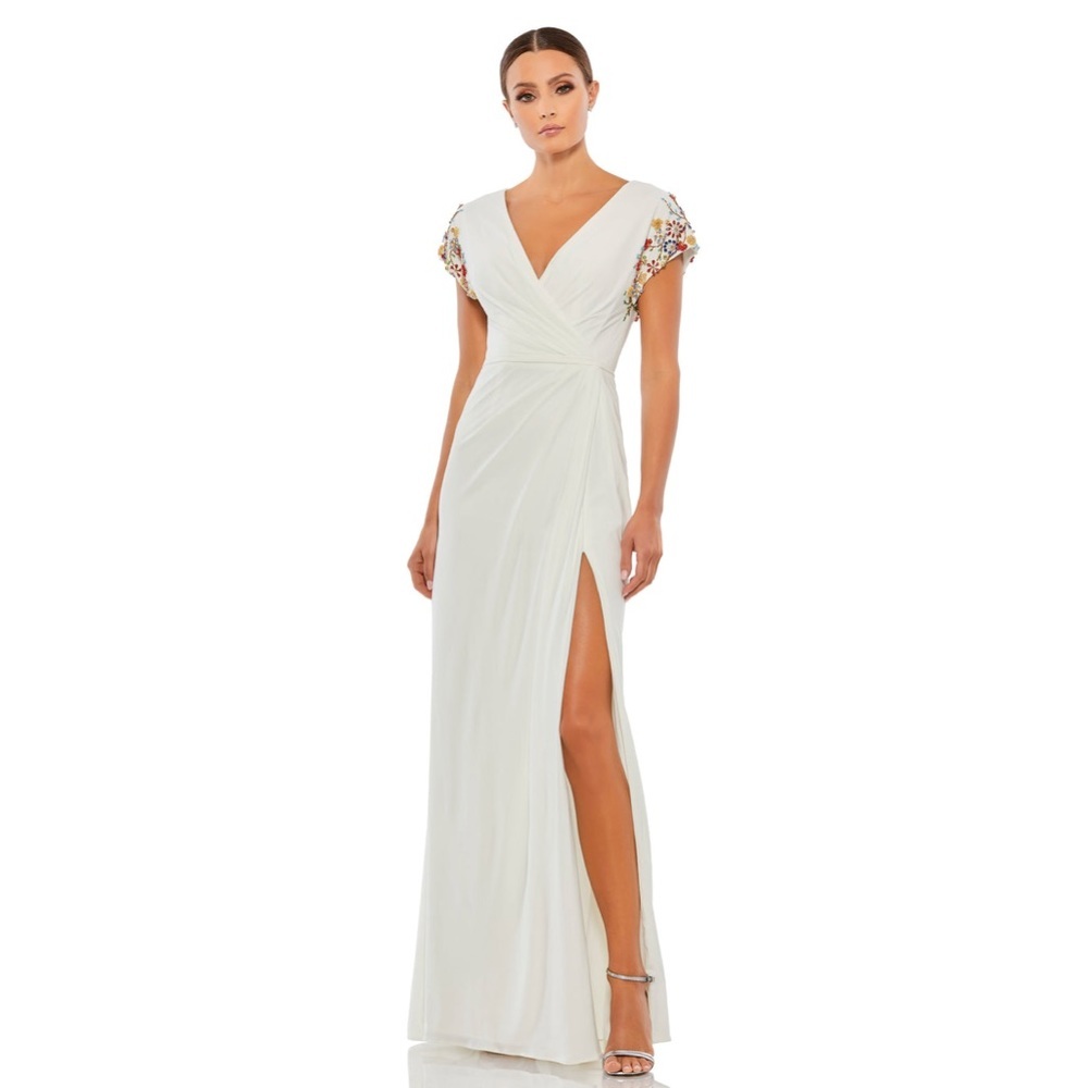 Mac Duggal White Maxi Dress with Multicolor Accents